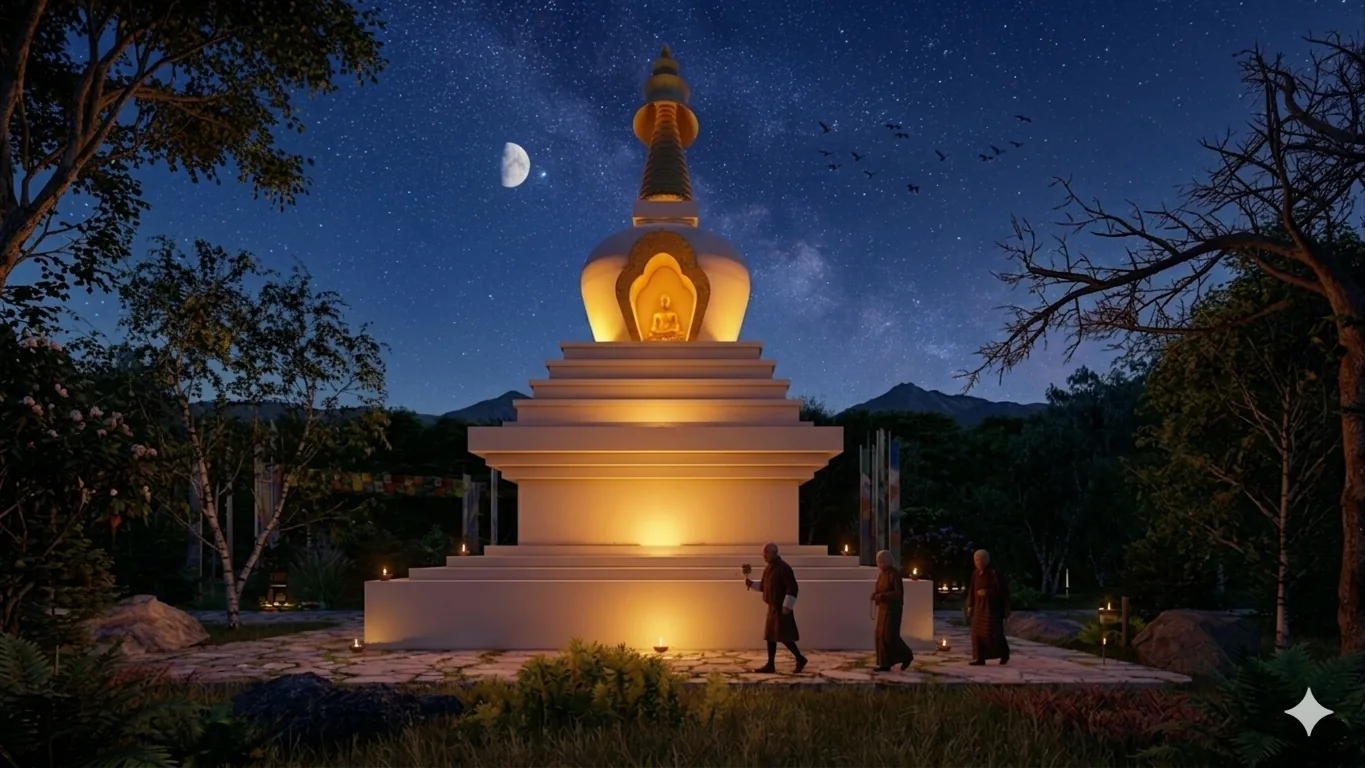 White stupas with ornate roofs